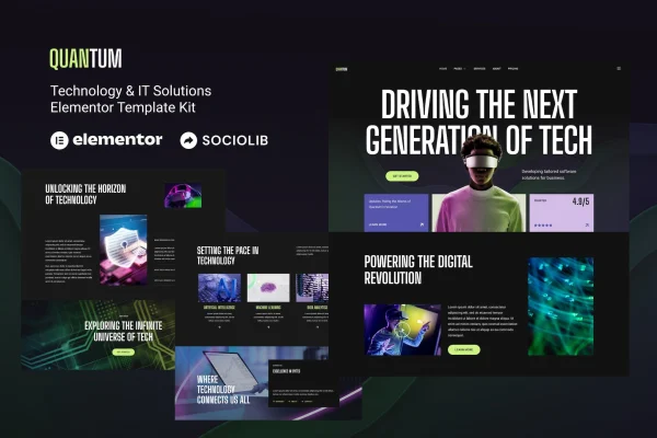 Quantum technology and IT solutions Elementor template kit preview with dark design