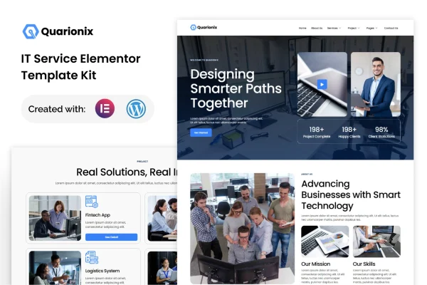 Quarionix IT service Elementor template kit preview showing modern page layouts