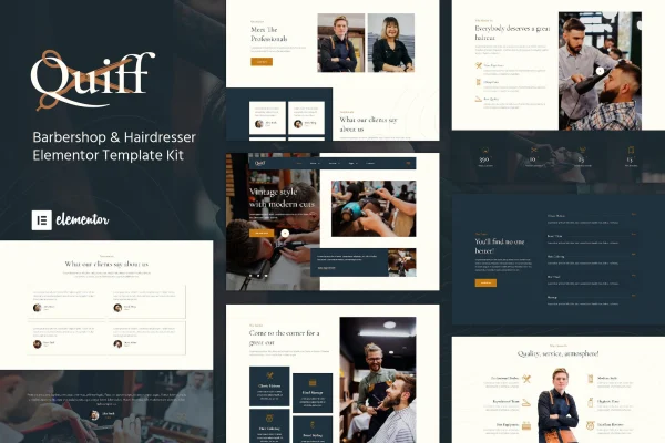 Quiff barbershop and hairdresser Elementor template kit cover image