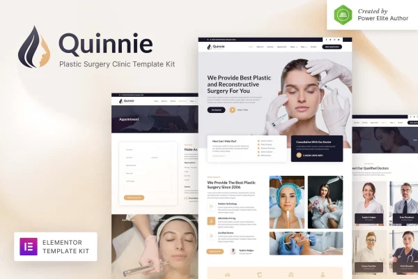 Quinnie plastic surgery clinic Elementor template kit cover showing clinic page layouts