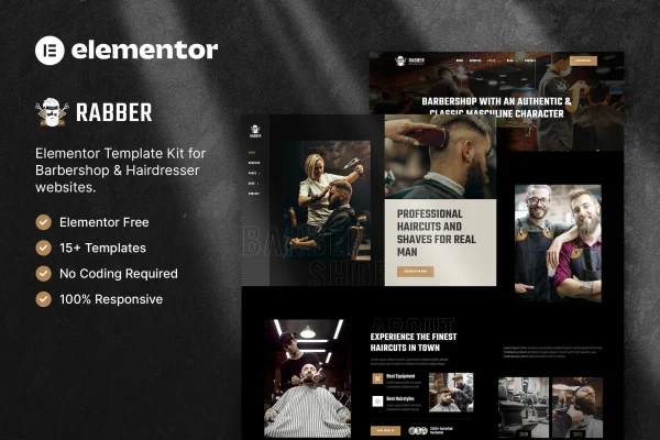 Rabber barbershop and hairdresser Elementor template kit preview with dark design