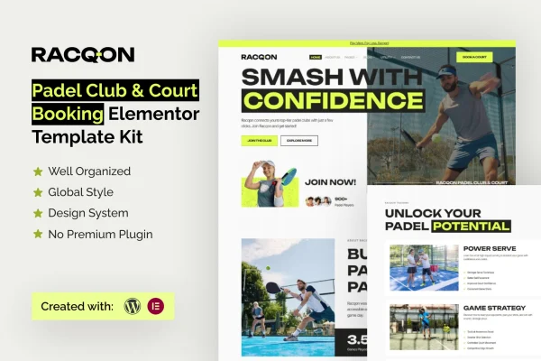 Racqon padel club and court booking Elementor template kit preview