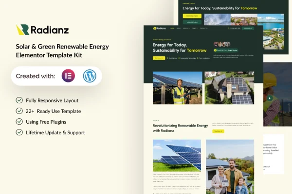 Radianz solar and renewable energy Elementor template kit preview