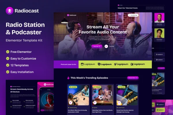 Radiocast Elementor template kit preview for radio station and podcast websites