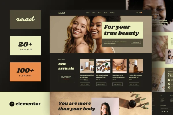Raed organic cosmetics and natural beauty shop Elementor template kit preview