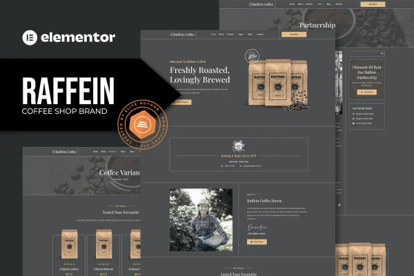 Raffein coffee shop Elementor template kit preview showing cafe website page layouts
