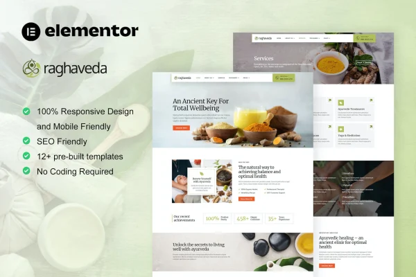 Raghaveda Ayurveda and spa Elementor template kit preview