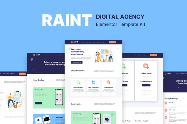 Raint digital agency Elementor template kit preview showing website page layouts