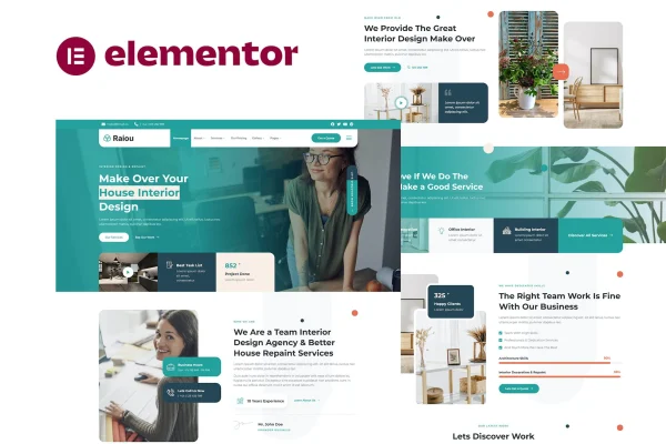 Raiou home interior design Elementor template kit preview