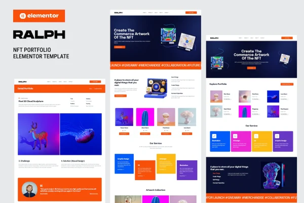 Ralph NFT Portfolio Elementor template kit cover with digital art gallery pages