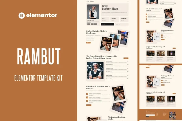 Rambut barbershop Elementor Pro template kit preview