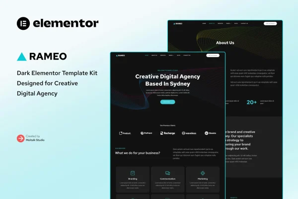 Rameo dark digital agency Elementor template kit page previews
