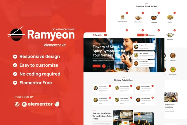 Ramyeon Korean restaurant Elementor template kit preview