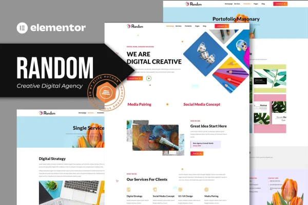 Random creative digital agency Elementor template kit cover with dark page layouts