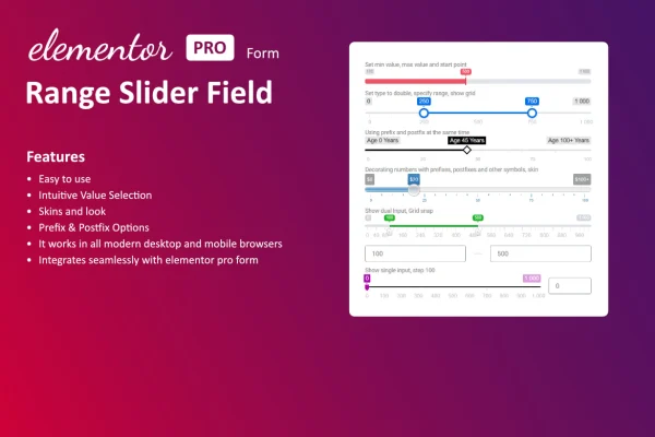 Range Slider For Elementor Forms plugin banner showing a slider field in a form
