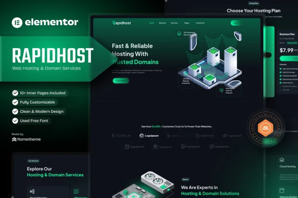 Rapidhost Elementor template kit preview for web hosting and domain service websites
