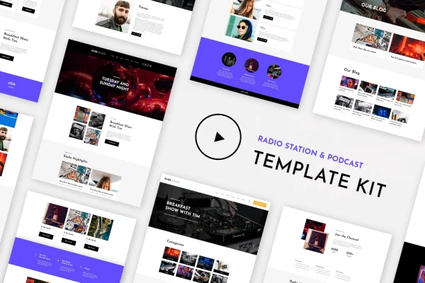 RareRadio music and streaming Elementor template kit cover with page layout previews