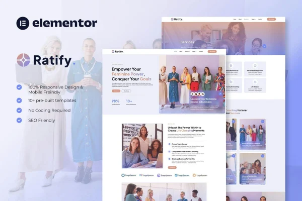 Ratify feminine business coaching Elementor template kit preview