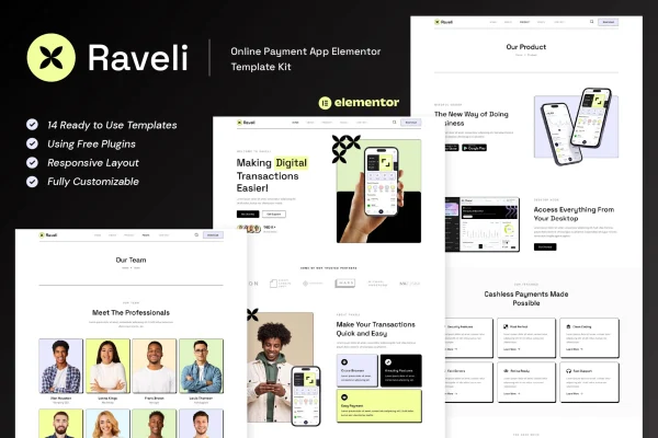 Raveli online payment app Elementor template kit cover image