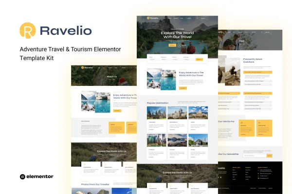 Ravelio adventure travel and tourism Elementor template kit preview