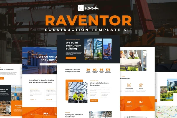 Raventor construction and architecture Elementor template kit preview