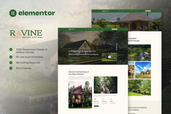 Ravine nature cottage Elementor template kit preview with rustic page layouts
