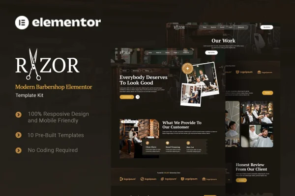 Razor modern barbershop Elementor template kit preview