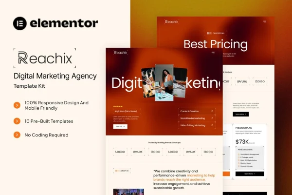 Reachix digital marketing agency Elementor template kit cover image