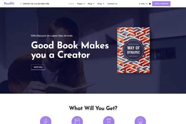 ReadKit book Elementor template kit cover with book website page layouts