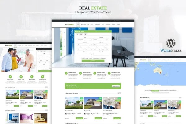 Real Estate WordPress theme preview showing a property listing website layout
