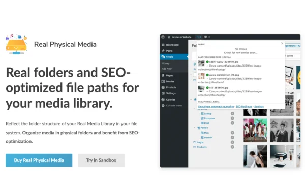 Real Physical Media plugin banner showing WordPress media organized into folders