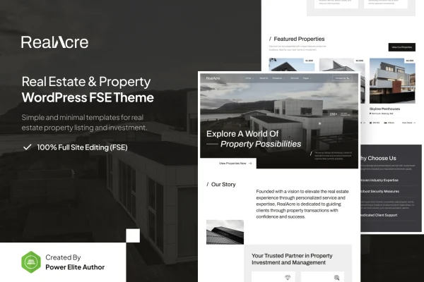 RealAcre real estate WordPress theme preview with property listings