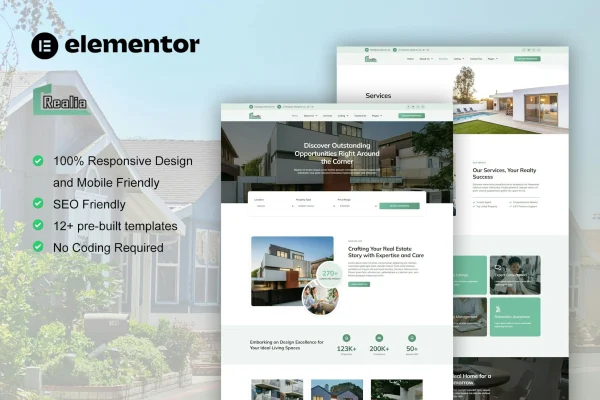 Realea real estate and property Elementor Pro template kit preview