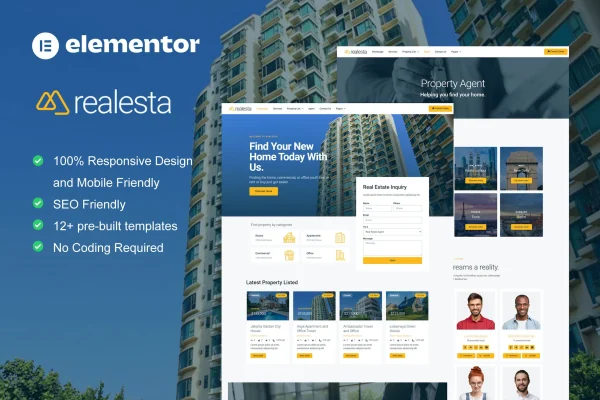 Realesta real estate Elementor template kit preview with property listing pages