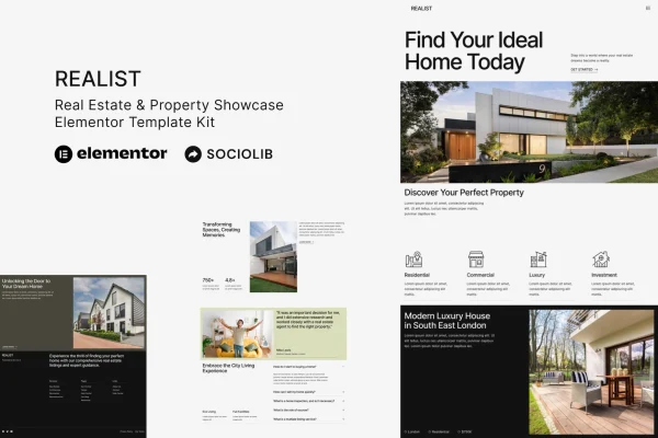 Realist real estate Elementor template kit cover showing property website page designs