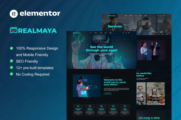 RealMaya virtual reality services and shop Elementor template kit preview