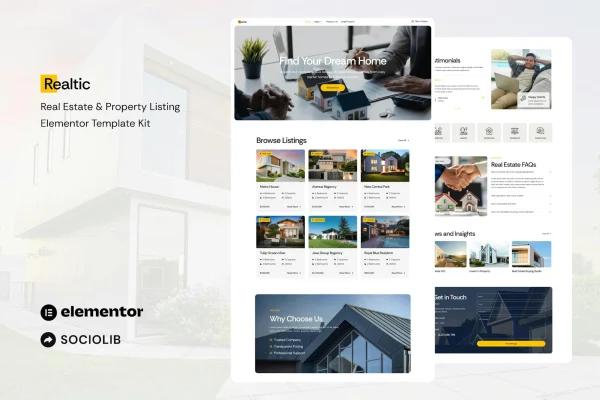 Realtic real estate and property listing Elementor template kit preview