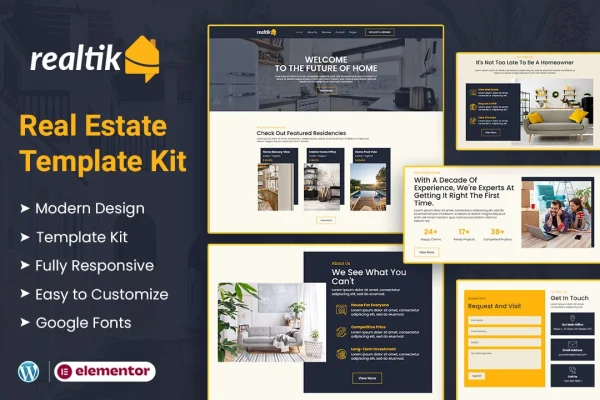 Realtik real estate Elementor template kit preview with property listing pages