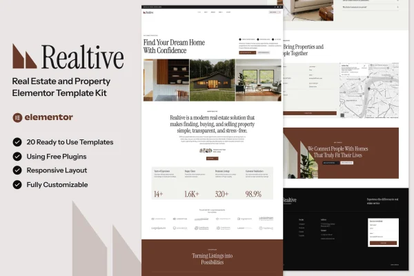 Realtive real estate Elementor template kit preview with property listing pages