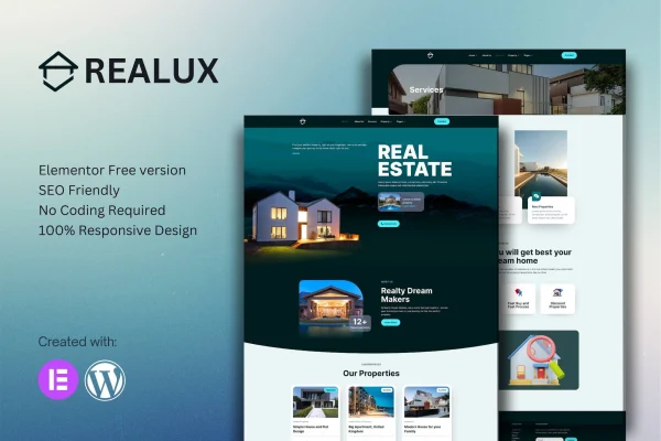 Realux real estate Elementor template kit preview showing property website page layouts