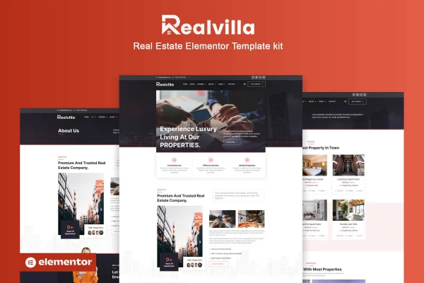 Realvilla real estate Elementor Pro template kit cover showing property website page designs