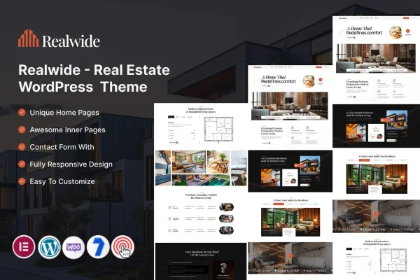 Realwide real estate WordPress theme preview with property listings