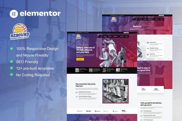 Rebound basketball team and sport club Elementor template kit preview