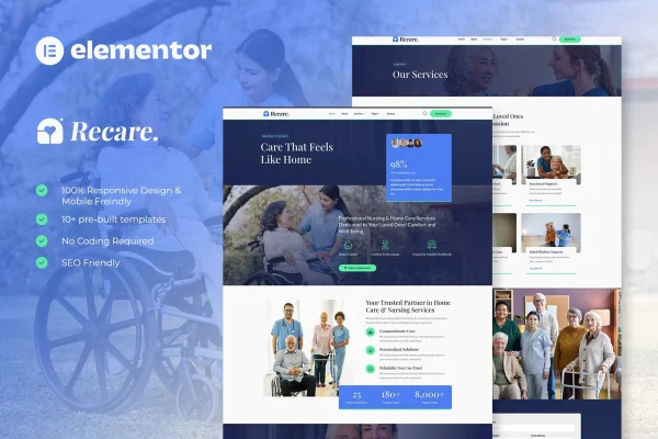 Recare Elementor template kit preview for home care and private nursing websites