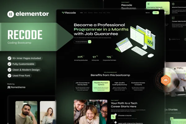 Recode coding bootcamp Elementor template kit preview