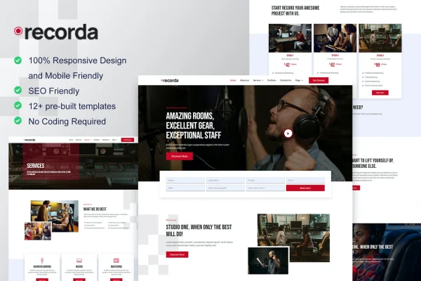 Recorda recording and music studio Elementor template kit preview
