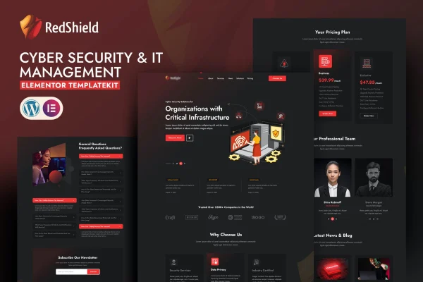 RedShield Cyber Security & IT Management Template Kit preview of website page layouts