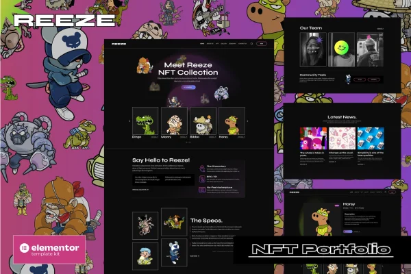 Reeze NFT portfolio Elementor template kit preview