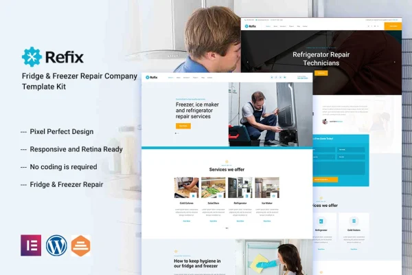 Refix appliance repair company Elementor template kit page previews