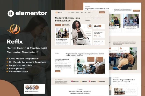 Reflx mental health and psychologist Elementor template kit preview